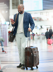 Image showing Phone, travel or happy black man in airport typing, chatting or networking via email online. Airplane, smile or excited African businessman reading news while traveling on a holiday vacation journey