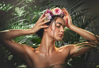 Image showing Beauty, skincare and flower crown with woman in a plant jungle for health, wellness and organic bodycare. Skin care, body care and natural cosmetics treatment for healthy skin and body for model