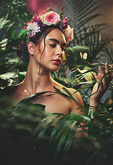 Image showing forest, floral crown and woman zen skincare natural beauty or cosmetic wellness model in summer. Young girl, butterfly and healthy body care glow with rose flowers headband in tropical rainforest