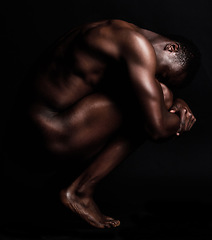 Image showing Nude, art and naked body of a strong black man in dark studio for sexy muscle and sexuality. Sport person or bodybuilder model for motivation, health and wellness in art deco form or shape background