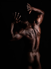 Image showing Nude, sexy body and strong black man in dark studio for art, muscle power and sexuality. Sports person or bodybuilder model naked for motivation, health and wellness for self care background