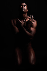 Image showing Nude, naked body and strong black man for art deco in dark studio with muscle power and strength. Sport person or bodybuilder model for motivation, health and wellness for erotic fitness background