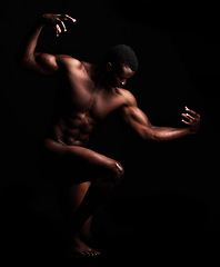 Image showing Black man, fitness and strong muscle for nude body wellness and art on a dark studio background. Erotic or sports model person naked with motivation for bodybuilder and health Im silhouette