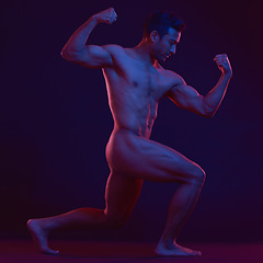 Image showing Nude, art and strong with a model asian man in studio on a dark background for artistic body positivity. Skin, natural and muscle with a handsome young male posing naked on a black backdrop
