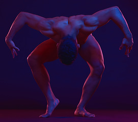 Image showing Nude, art and expression with a model asian man in studio on a dark background for artistic and sexy body. Skin, natural and freedom with a handsome young male posing naked on a black backdrop