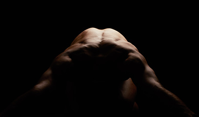 Image showing Naked, man with muscle and isolated on black background, strong back and skin, silhouette and body in a studio. Sexy, art and sensual with nude person, athlete and model with fitness and bodybuilder