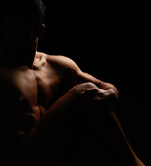 Image showing Nude, artistic and freedom with a model asian man in studio on a dark background for art or body positivity. Skin, natural and artwork with a handsome young male posing naked on a black backdrop