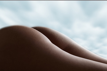 Image showing Butt, naked and nude body of a woman for hygiene and skincare isolated against a sky or cloud background. Sensual, cosmetic and hot female with perfect back side tone and shape as sexy art