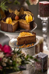 Image showing Slice of layered chocolate mousse cake