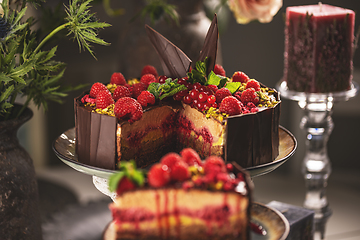 Image showing Still life of tasty layered mousse cake