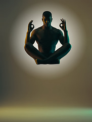 Image showing Meditation shadow, float or relax man meditate in spiritual mental health, chakra energy balance or soul aura healing. Zen mindset peace, mindfulness or model silhouette isolated on studio background