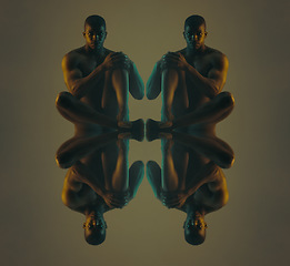 Image showing Art, reflection and body portrait of black man sitting naked on studio background. Fashion, skin and beauty, serious nude male model in multiple creative pose reflected on dark mirror floor with neon