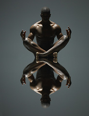 Image showing Black man, meditation and mirror reflection on dark background for spiritual wellness or symmetry. Portrait of a naked, nude or bare African American male model sitting and meditating doppelganger