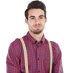 Image showing Smile, man and portrait of a nerd or geek with white background isolated and happy. Smiling, smart and nerdy style clothes of a man standing with happiness of a model feeling positive in plaid