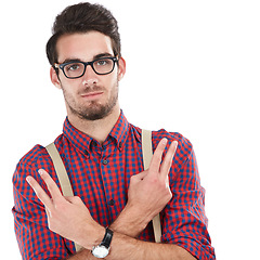 Image showing Nerd, portrait and man with sign for peace, calm and young person isolated on white studio background. Face, male hipster and gentlemen showing fingers, edgy and trendy with casual outfit and clothes