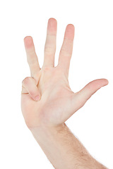 Image showing Hands, number four and man in studio for sign language, countdown or gesture on white background. Hand, guy and communication with fingers for counting, signing or talking while standing isolated