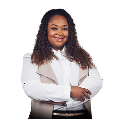 Image showing Black woman, portrait and proud, business and leader in studio with startup vision on white background, Face, happy and business woman proud, confident and excited for career goal while isolated