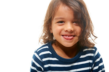 Image showing Portrait, children and tongue with a boy in studio isolated on a white background for mockup or branding. Kids, face and silly with a male child on blank space for a logo or funny advertising