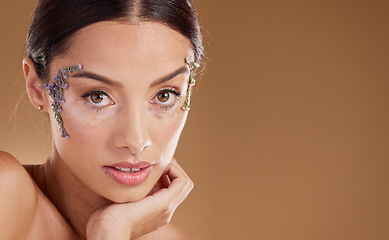 Image showing Natural skincare, lavender flowers and woman with eco friendly cosmetics, facial product and beauty mockup. Sustainable dermatology, spa salon and face portrait of aesthetic model with floral makeup