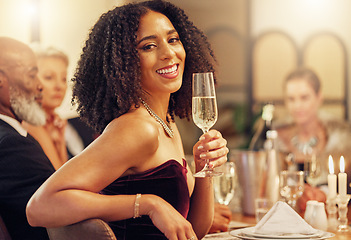 Image showing Portrait, black woman or champagne glass for celebration, party or achievement with confident girl. Executive, African American female, lady or group at elegant event, alcohol or happiness with smile