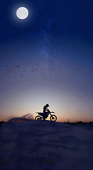 Image showing Motorcycle, sport and silhouette riding against night, sky and background in nature, extreme sports and adrenaline. Biking, motorbike and person driving on dirt road, dark and shadow, stunt and free