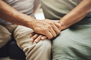 Image showing Hand holding, elderly couple and hands with love, care and peace feeling support and solidarity. Home, relax and loving gesture of an old man with woman in retirement and senior marriage at a house