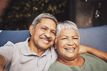 Image showing Senior couple, selfie and portrait of elderly people in retirement with happiness in garden. Outdoor sofa, smile and marriage of a happy man and woman online together on holiday with love and care