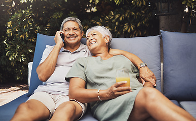 Image showing Phone call, retirement and senior couple relax on outdoor lounge for summer holiday, vacation and investment. Healthy, love and elderly people in wealth, success and rich lifestyle on smartphone