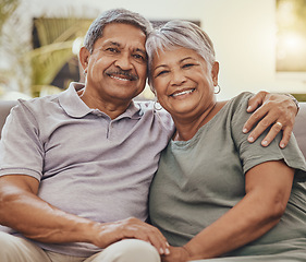 Image showing Senior couple, portrait at home of elderly people happy about marriage, love and retirement. Relax, happiness and house sofa with an old woman and man together with care and hug feeling peace