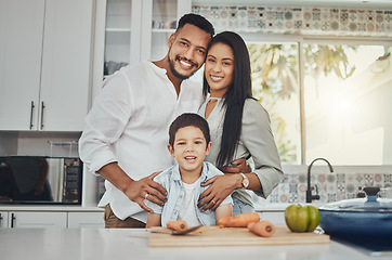 Image showing Kitchen, family and portrait of mother, father and young child together cooking with happiness. Happy, smile and parent love of children in a house making food for dinner ready for eating at home