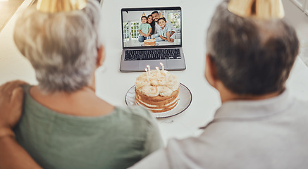 Image showing Birthday, video call and senior family for virtual celebration, party cake and online love, care and retirement. Elderly people or grandparents on laptop screen with children to celebrate for holiday