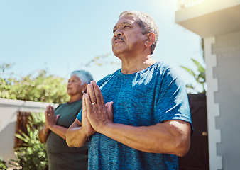 Image showing Fitness, yoga and senior couple exercise for wellness, zen and relax in a garden, peace and calm. Health, workout and elderly man with woman in a yard for training, meditation and cardio in Mexico