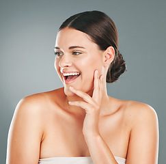 Image showing Woman, happy skincare and beauty vision for cosmetics wellness, skin dermatology and lifestyle happiness in studio. Model, smile and luxury facial care and salon spa cosmetology or body care glow