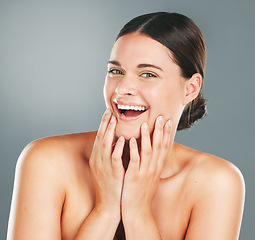 Image showing Skincare, beauty and portrait of a woman in a studio with a cosmetic, wellness and natural face routine. Cosmetics, health and female model with a healthy facial treatment isolated by gray background