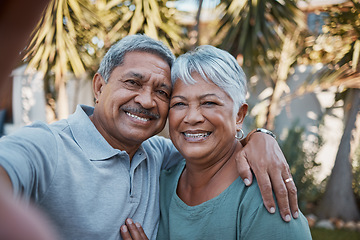 Image showing Senior couple, hug and smile for selfie, social media or profile picture together for romance in the back yard. Portrait of happy elderly man and woman smiling in happiness for photo or relationship
