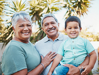 Image showing Grandparents, child and portrait outdoor in a garden with love, care and kid support. Smile, happy and Mexican family together with kid and senior people in sunshine in a park with children in nature