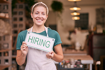 Image showing Woman, small business owner and hiring sign with smile for recruitment, job or startup at pottery store. Portrait of happy CEO manager holding board for hire, opportunity or recruiting at retail shop