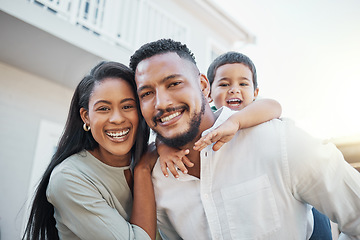 Image showing Mother, father and child with smile for family portrait, piggyback or bonding outside the house. Happy mom and dad holding son on back smiling in happiness for holiday break or weekend together