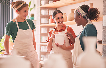 Image showing Diversity, women and coworkers talking, workplace and planning for sales growth, happy and organize. Multiracial, happy female employees and work friends in workspace, conversation and discussion