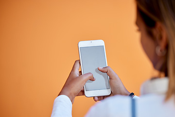 Image showing Search, mockup and phone with hands of woman for communication, website and social media. Technology, internet and digital with girl and mobile for app, contact and online news in studio background