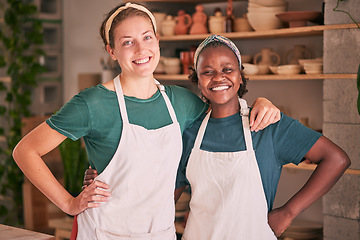 Image showing Pottery, teamwork and portrait of women for small business, artistic startup and creative workshop. Collaboration, partners and females happy for success in ceramics, clay sculpture and artwork store