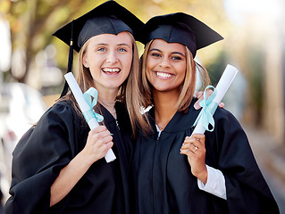 Image showing Graduation, degree and portrait of friends together happy for academic success at their university campus. Certificate, achievement and young women students with college diploma or scroll to graduate