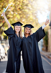 Image showing Portrait, friends and women graduate, diploma achievement or celebrate together, education or knowledge. Young people, students or female academics with certificates, university success or graduation