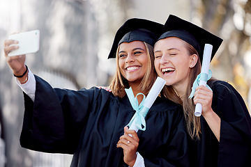 Image showing Student woman, graduation selfie and smile for education success, goal or happiness on social media app. Friends, university or college with smartphone at celebration of study, goals and start career