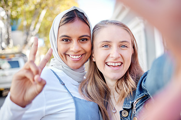 Image showing Selfie, peace sign and couple of friends with social media post, profile picture and gen z portrait in city park. Photography, smile and happy diversity or muslim teenager with hand sign on internet