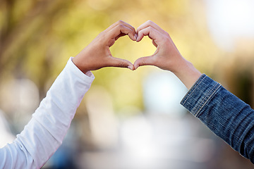 Image showing Heart sign with hands, love and couple outdoor, commitment and care in relationship, trust and support. People with connection, wellness and team together in nature, emoji or icon with partnership