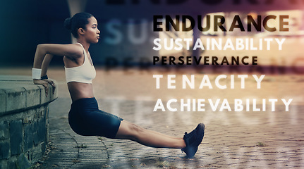 Image showing Motivation, fitness and words while woman exercise, workout or training outdoors in a city or town. Athlete, sport or wellness quote for health and stretching triceps for strong body and muscle