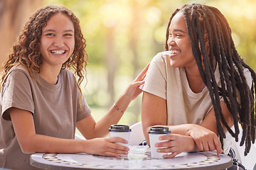 Image showing Friends, coffee and women at cafe, smile and bonding for reunion, talking and chatting together. Sisterhood, females and ladies with tea, outdoor or conversation for happiness, communication or relax