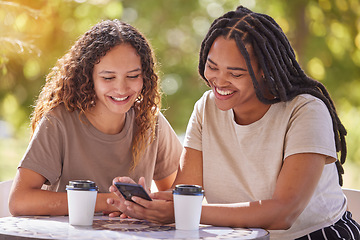 Image showing Smartphone, university and couple of friends reading notification, social media post or funny meme at campus cafe. Park, students or happy black people on cellphone, mobile chat and online networking