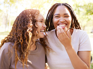 Image showing Young women and friends with funny joke laugh together in park for bonding, gossip and happiness. Gen z, youth and happy black people smile at silly thought on summer hangout in nature.